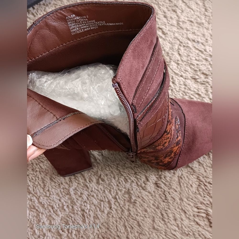 Just Fab Adler Patchwork brown suede & snake print heeled Bootie Women's Size 8 - Picture 3 of 4